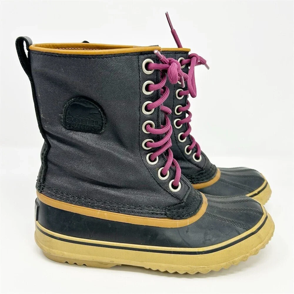 Sorel 1964 Women's Lace-Up Winter Duck Boots Black Tan Pink Laces Size 6
